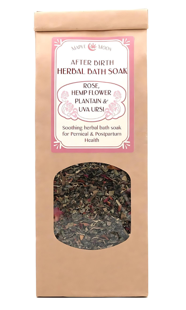 product Image of After Birth Herbal Bath Soak by Maple Moon, featuring rose, hemp flower, plantain, and uva ursi herbs visible through a transparent window, marketed for postpartum health