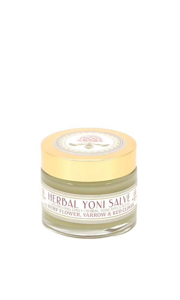 Herbal Yoni Salve in a clear glass jar with gold lid, labeled for nourishing daily application with Hemp Flower, Yarrow, and Red Clover, from Earth Kitchen.