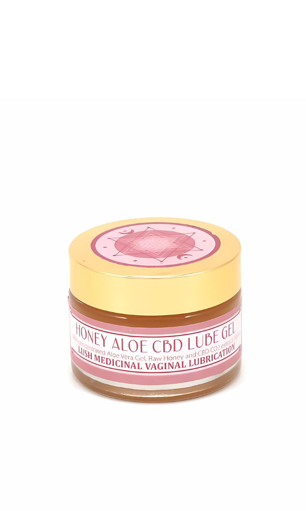 Jar of Honey Aloe CBD Lube Gel by Maple Moon, showcasing natural ingredients like aloe vera gel, raw honey, and CBD for enhanced intimate lubrication, in a small container with pink label detailing.