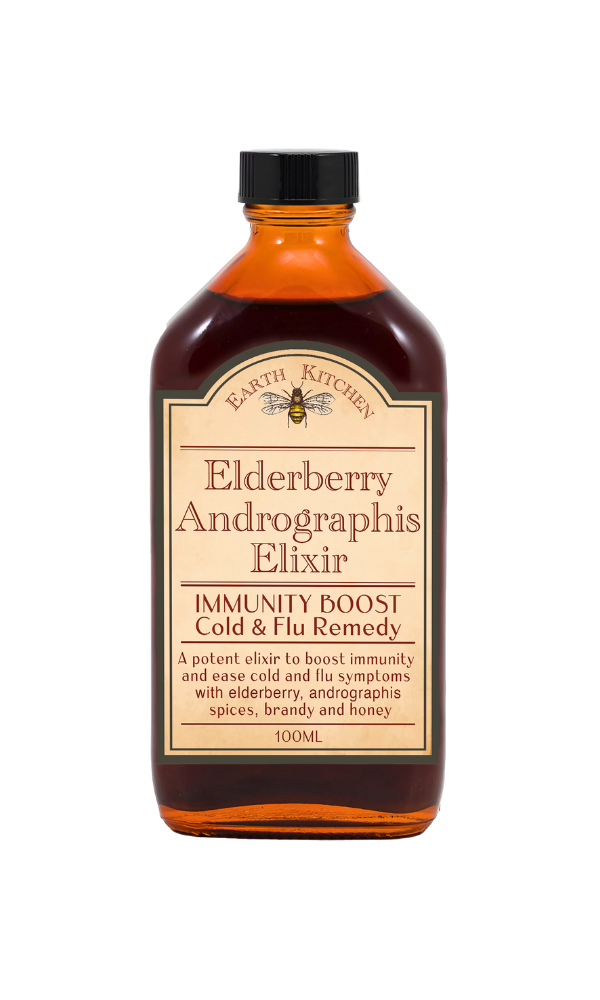 Earth Kitchen Elderberry Andrographis Elixir bottle, labelled as Immunity Boost Cold & Flu Remedy, featuring elderberry, andrographis, spices, brandy, and honey in a 100 ml dark glass bottle with a black cap.