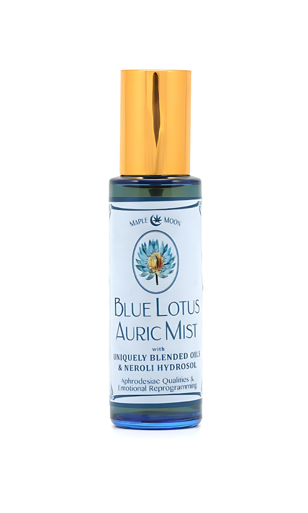 Blue Lotus Auric Mist bottle by Earth Kitchen, showcasing a floral label design with gold cap, emphasising its unique blend of oils and neroli hydrosol, noted for aphrodisiac qualities and emotional reprogramming benefits.