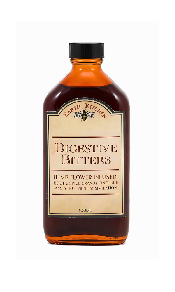 Product image of Earth Kitchen’s Digestive Bitters, a 100mL bottle containing a hemp flower infused root and spice brandy tincture designed to assist nutrient assimilation.