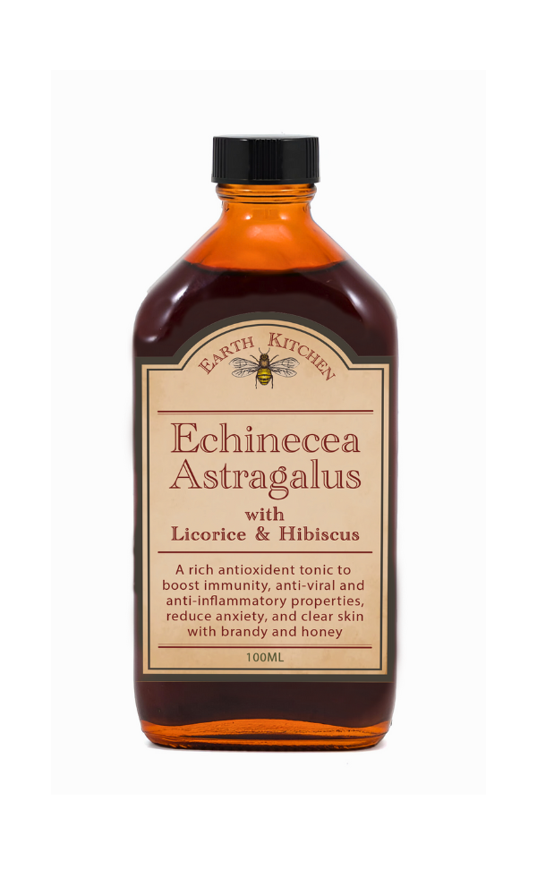 Earth Kitchen Echinacea & Astragalus Elixir with Liquorice & Hibiscus in a 100ml brown glass bottle, featuring label details on antioxidant, anti-viral, and anti-inflammatory benefits.