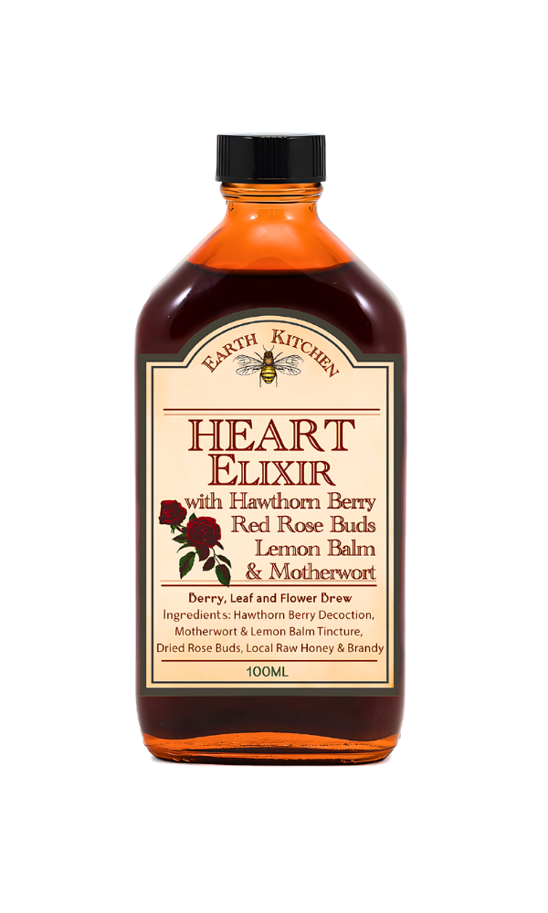 Image of Heart Elixir by Earth Kitchen, showcasing a 100mL bottle filled with a blend of Hawthorn Berry, Lemon Balm, Motherwort, and Red Rose Buds. The label highlights ingredients and herbal properties, emphasising its use for heart health and emotional well-being.