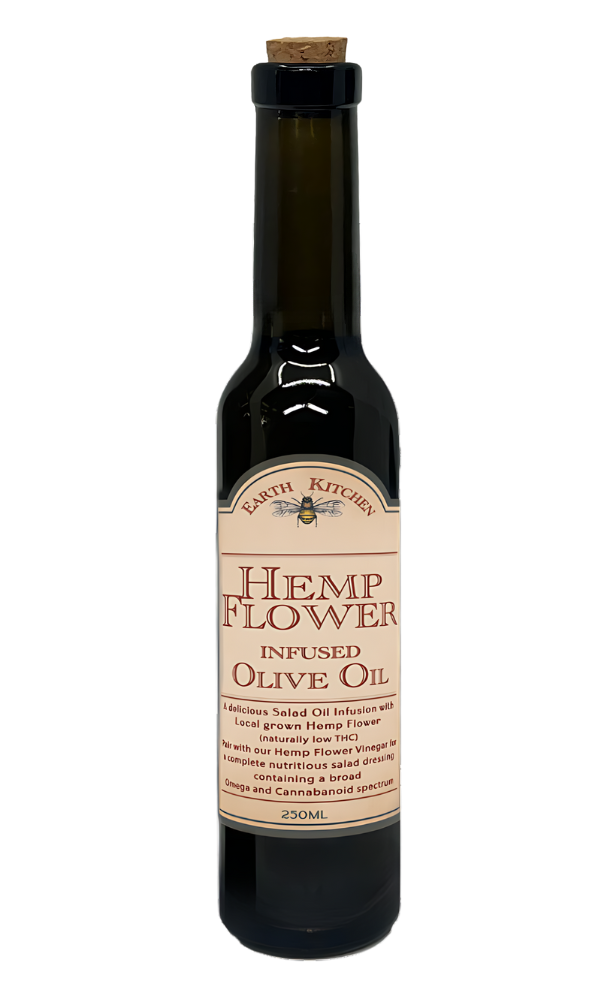 Hemp Flower Infused Olive Oil bottle from Earth Kitchen, 250ml, featuring a dark glass bottle with cork stopper, labelled as a delicious salad oil infusion with locally grown hemp flower, naturally low in THC.