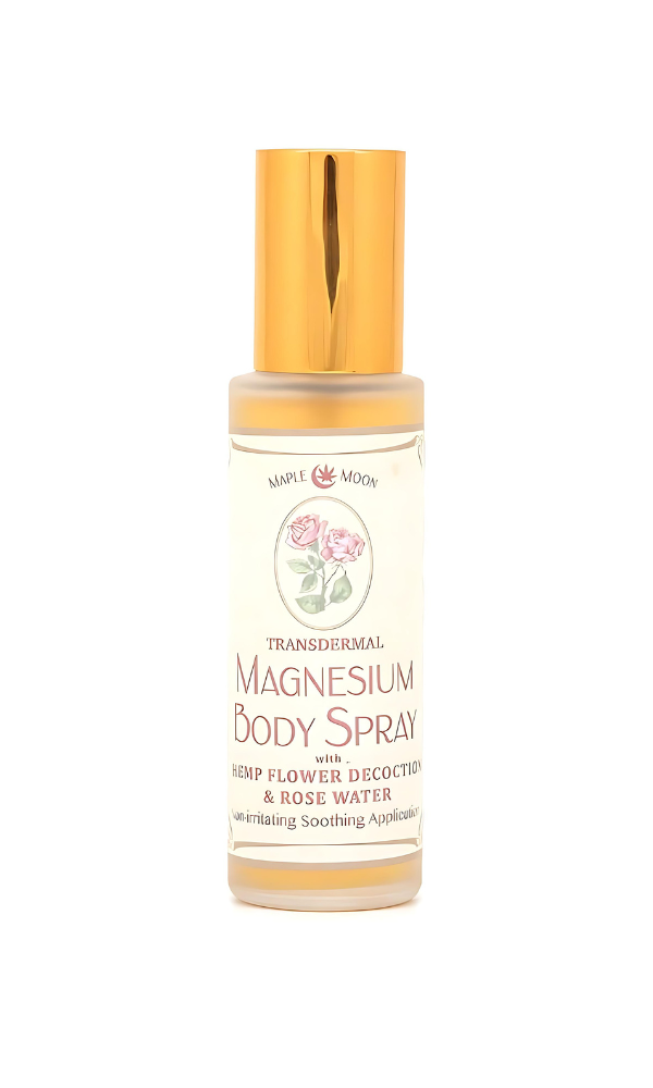 Earth Kitchen x Maple Moon Magnesium Body Spray bottle, featuring hemp flower decoction and rose water. The bottle has a golden cap and a label with a rose illustration, emphasising its soothing, non-irritating application suitable for daily use.