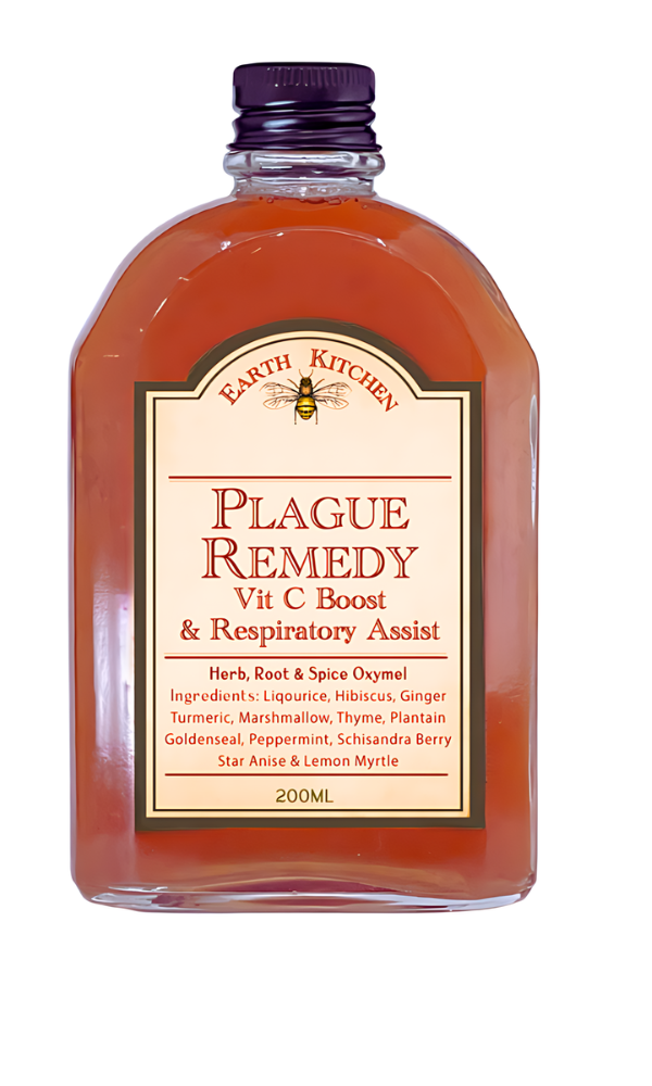 Earth Kitchen Plague Remedy 200 ml bottle, Plague Remedy herbal tonic in a brown glass bottle, labelled by Earth Kitchen with ingredients like Liquorice, Hibiscus, and GoldenSeal for boosting vitamin C and respiratory health.