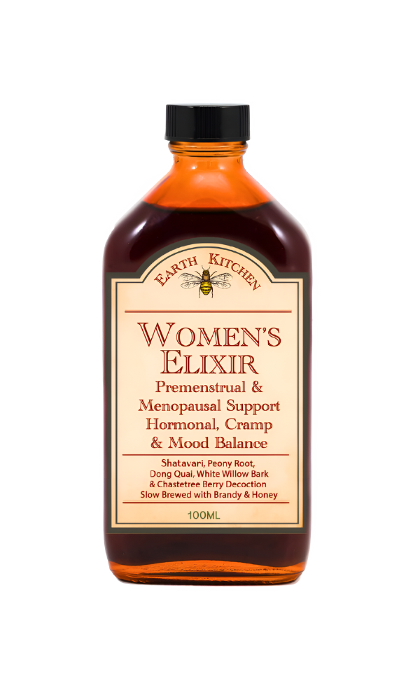 Earth Kitchen Women's Elixir bottle for premenstrual and menopausal support, showcasing ingredients like Shatavari and Peony Root, in a 100ml packaging.